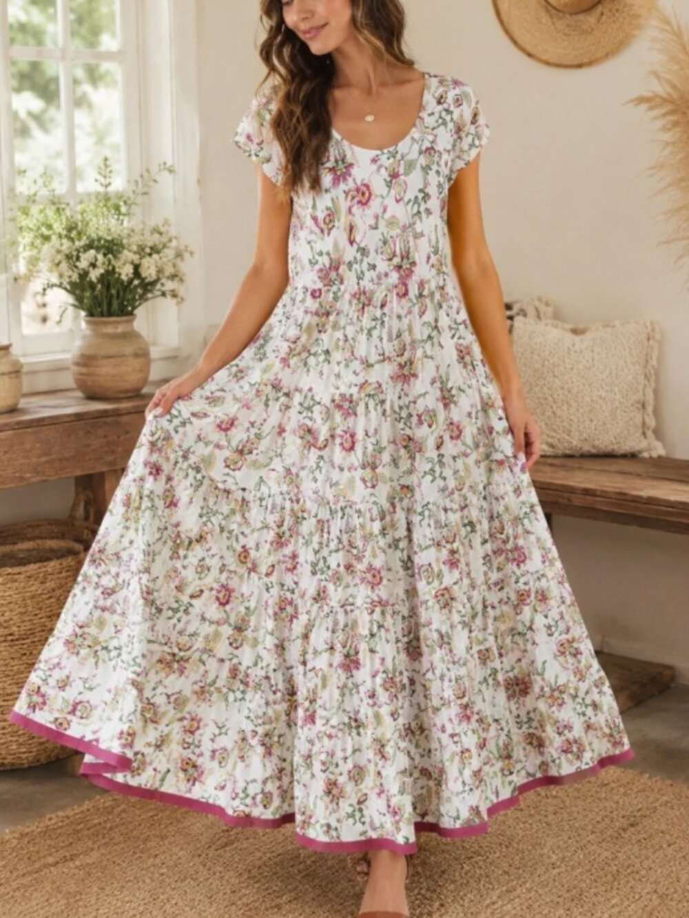 Soft Surroundings Floral Cotton Maxi Dress Boho Cottagecore Tiered Romantic XL